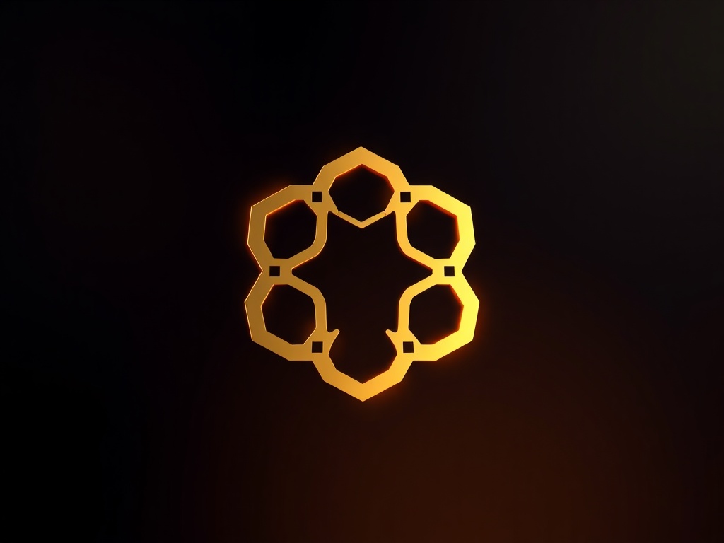 Gold geometrically abstract logo mark on a dark gradient background, hexagon shapes with subtle glow, 8k photorealistic, macro shot.