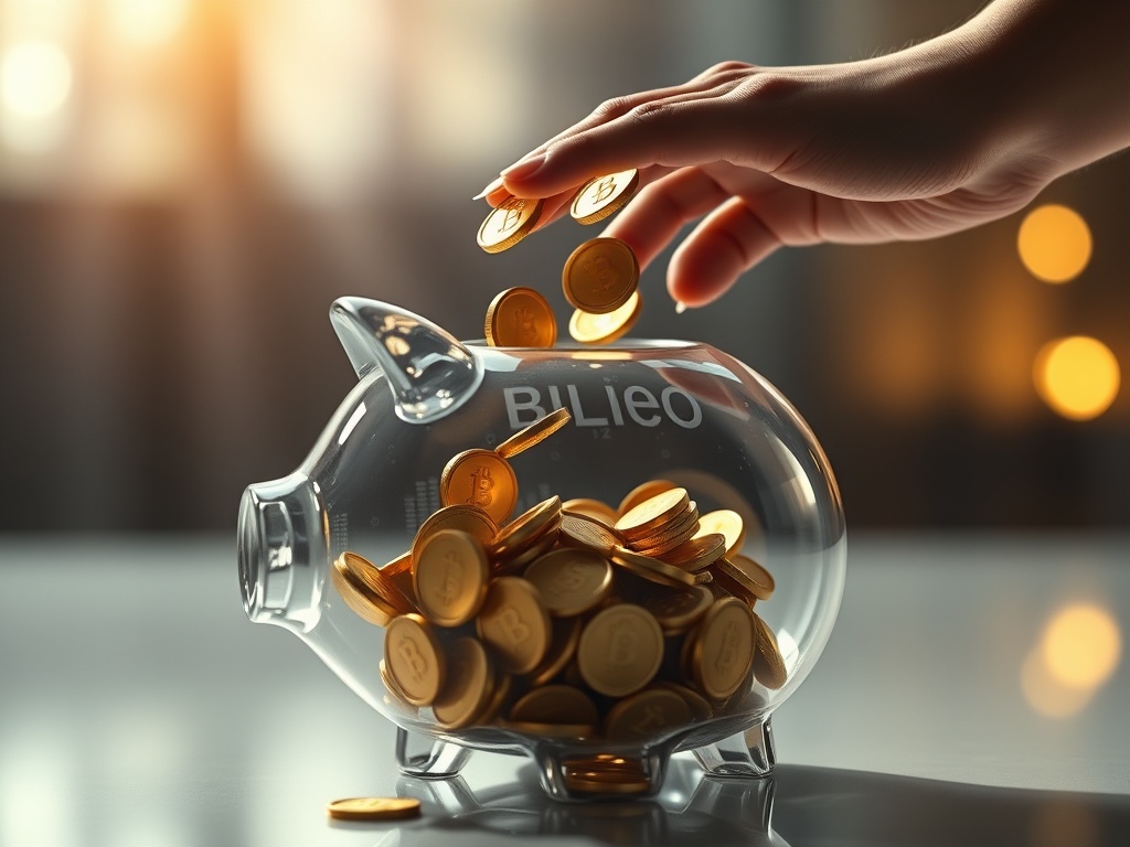 A cinematic, slow-motion shot of a hand tossing shiny golden coins into a futuristic glass piggy bank with blockchain patterns, light beams reflecting off the surface, 8k photorealistic, commercial photography style, shallow depth of field.